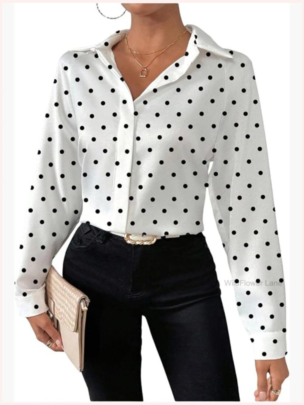 Long Sleeve Button Down Blouse for Work Business Casual Polka Dots